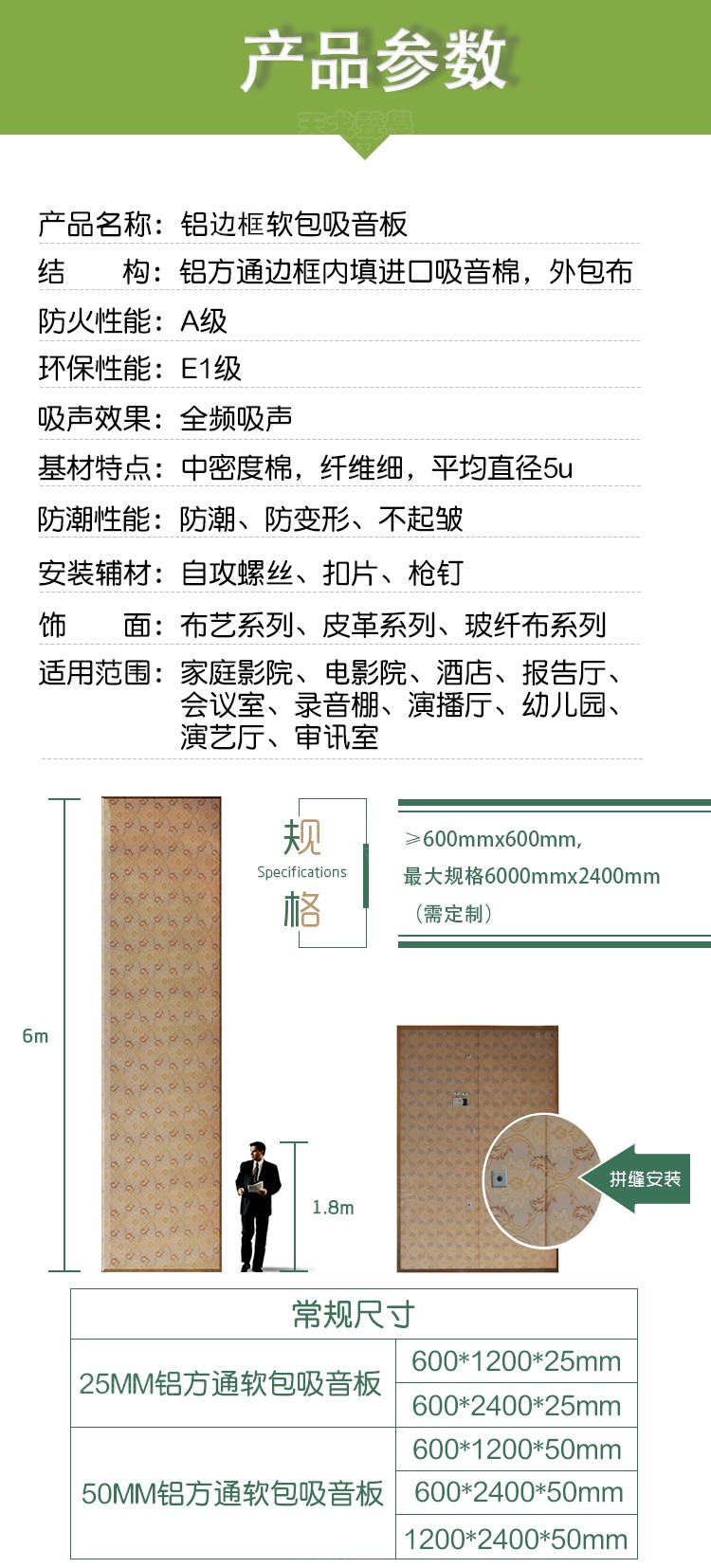 鋁邊框軟包吸音板產品參數 鋁邊框軟包吸音板產品參數