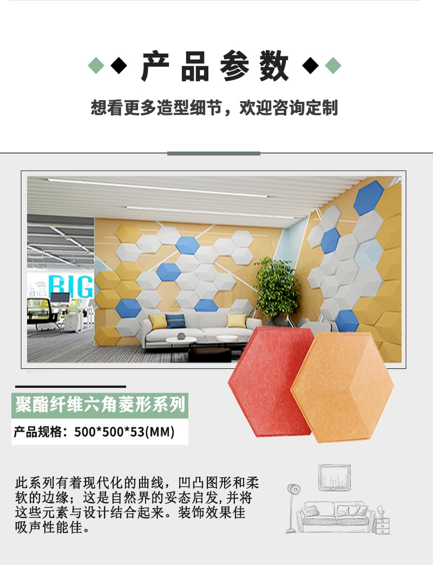 3D聚酯纖維吸音板六角菱形系列參數 3D聚酯纖維吸音板六角菱形系列參數